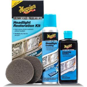 imageMeguiars Two Step Headlight Restoration Kit Headlight Cleaner Restores Clear Car Plastic and Protects from ReOxidation Includes Headlight Coating and Cleaning Solution  4 Count 1 Pack