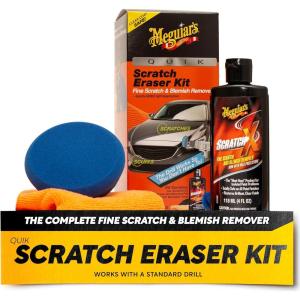 imageMeguiars Quik Scratch Eraser Kit Car Scratch Remover for Repairing Surface Blemishes Car Care Kit with ScratchX DrillMounted Pad and Microfiber Towel 4 CountKit