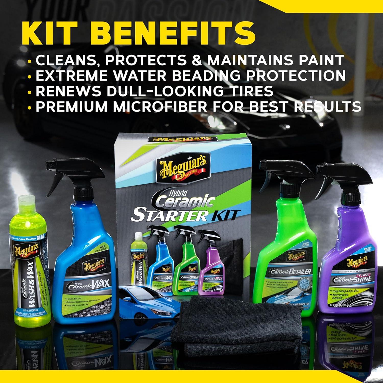 imageMeguiars Hybrid Ceramic Starter Kit  Premium Car Detailing Kit Includes Car Wash and Wax Car Wax Spray Detailer and Tire Shine All with Advanced Hybrid Ceramic Chemistry for Amazing Protection