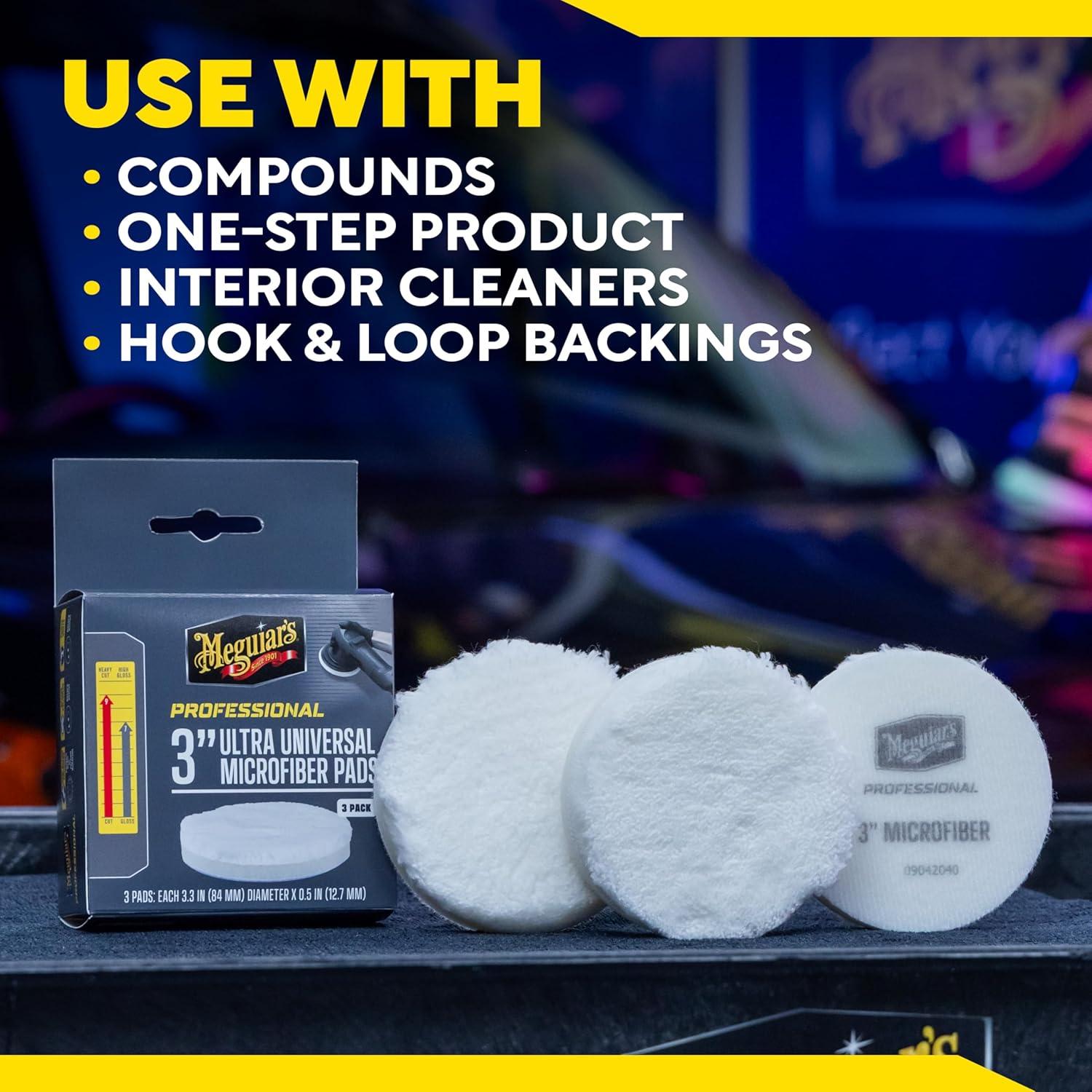 imageMeguiars 3quot Ultra Universal Microfiber Pads  M3MFP3  Professional Detailing Pad Pair with Meguiars Compound for Heavy Cutting of Paint Defects or use with a Polish for Finish Refinement 3 Pack