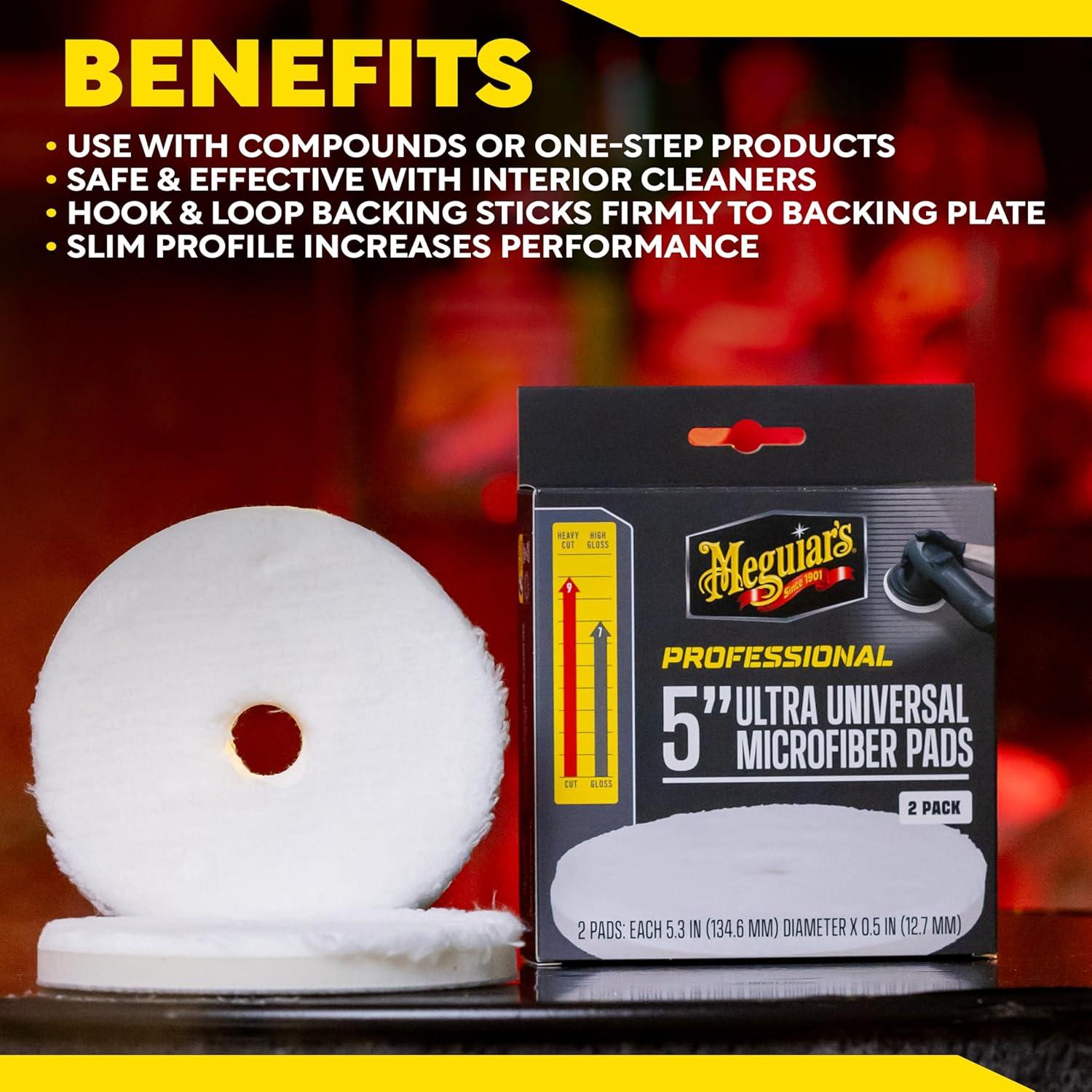 imageMeguiars 5quot Ultra Universal Microfiber Pads  M5MFP2  Professional Detailing Pad Pair with Meguiars Compound for Heavy Cutting of Paint Defects or use with a Polish for Finish Refinement 2 Pack